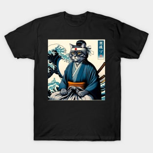 Vaporwave Samurai Cat Great Wave Off Kanagawa T-Shirt